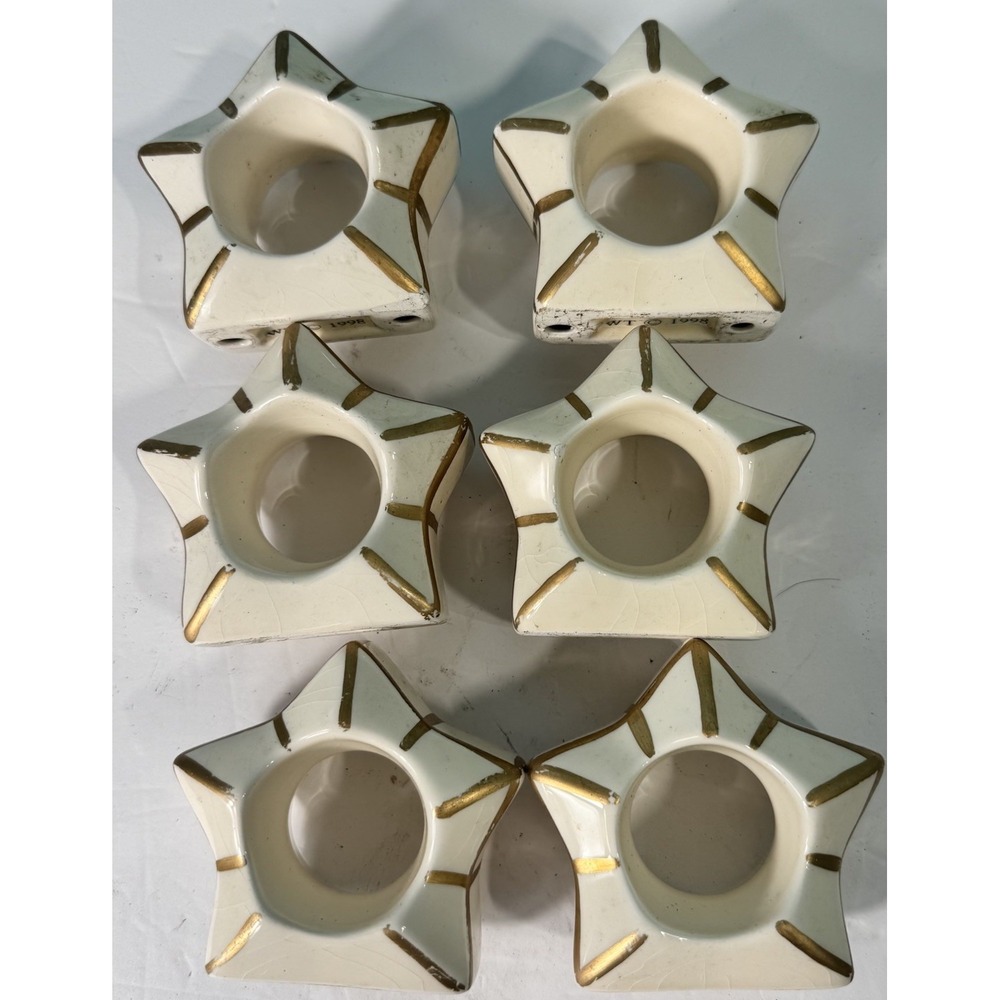Vintage Ceramic Star Napkin Rings Set Of 6.  White And Gold